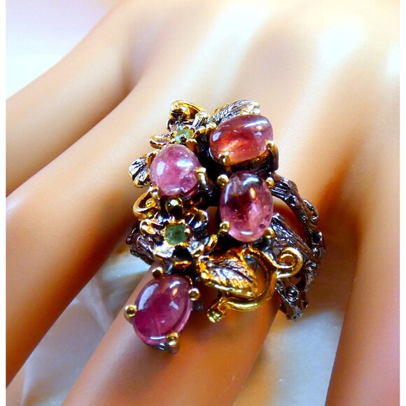 Natural Pink Tourmaline Emerald Oxidized Sterling Silver Ring Vine Botanical - Picture 7 of 7